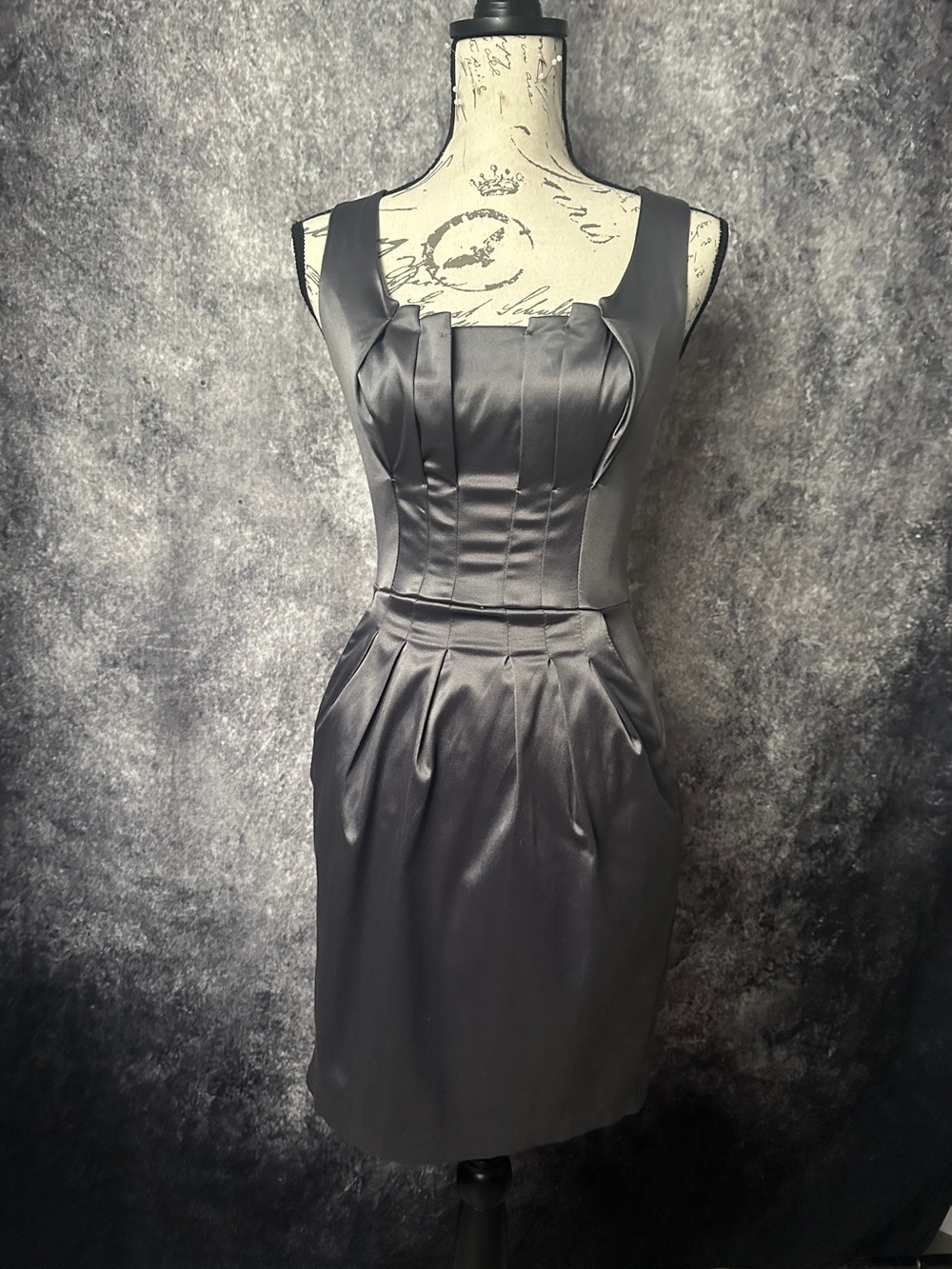 B Darlin Charcoal Satin/Silk Midi Sheath Dress
